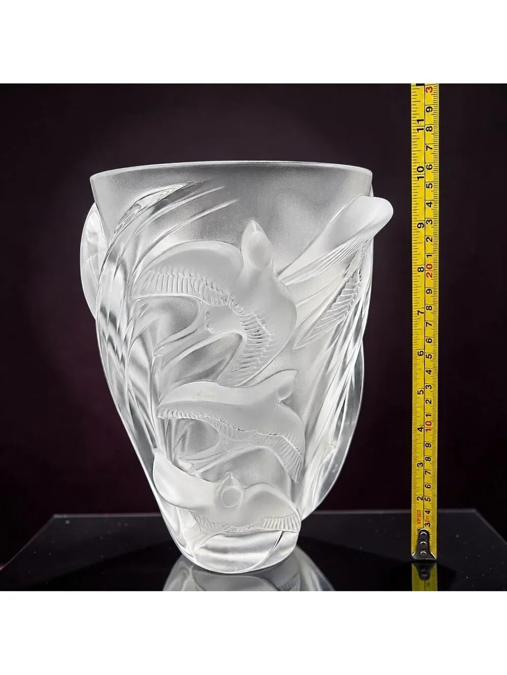 Vintage Large Lalique Martinets Large Frosted Crystal Swallows Vase France - 10